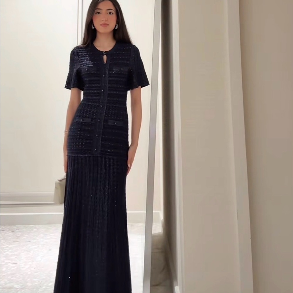 Sandro Navy Rhinestone Knit Maxi Dress